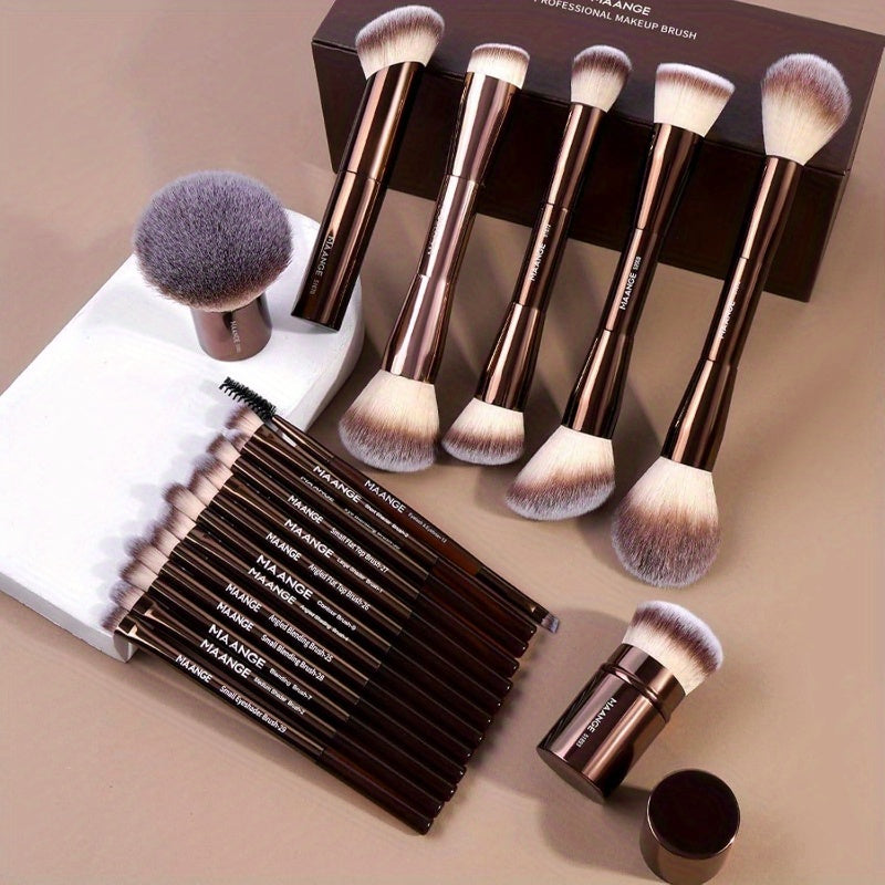 20pcs Makeup Brushes with Gift Box, DoubleEnd Multifunctional Makeup Brushes for Blending Liquid Powder Conaler Cream Blush Buffe, CoffeeBrown