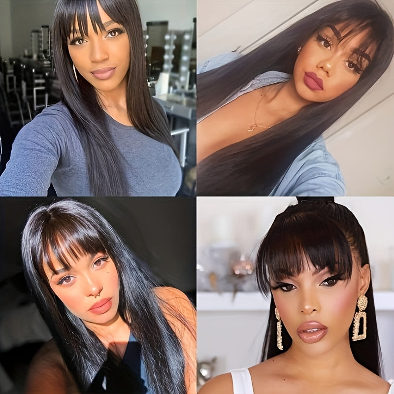 280% Density Glueless Human Hair Straight Wigs Sliky Straight Human Hair Wigs with Bangs None Lace Front Wigs Unprocessed Virgin Soft Human Hair Wigs No Glue Needed Lightweight Full Machine Made Wig Easy to Wear Natural Look