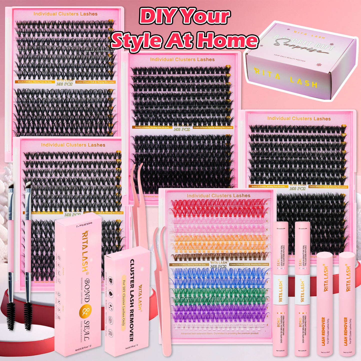 DIY Individual Eyelash Kit, 1 Box Mixed Length & Styles Natural Look Eyelashes Extension, 5pcs Self Cluster Curl Eyelashes,2pcs Bond&Seal, 2pcs Lash removers, 2pcs tweezers, 2pcs lash brush, Make up Kit