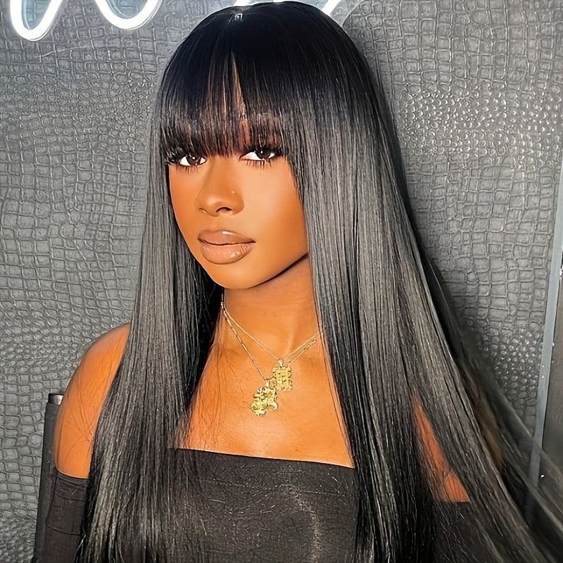 280% Density Glueless Human Hair Straight Wigs Sliky Straight Human Hair Wigs with Bangs None Lace Front Wigs Unprocessed Virgin Soft Human Hair Wigs No Glue Needed Lightweight Full Machine Made Wig Easy to Wear Natural Look