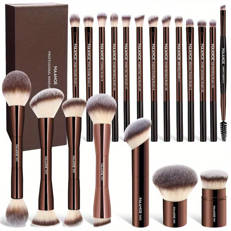 20pcs Makeup Brushes with Gift Box, DoubleEnd Multifunctional Makeup Brushes for Blending Liquid Powder Conaler Cream Blush Buffe, CoffeeBrown