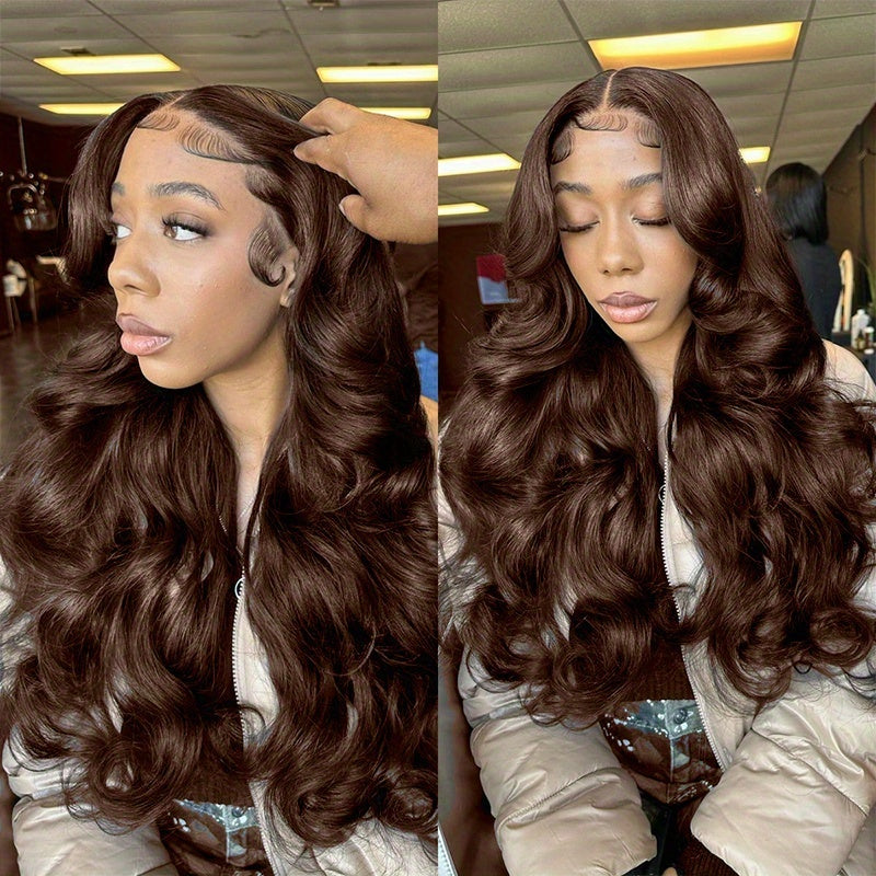 280% 13x4 #2 Body Wave Human Hair Wig HD Lace Dark Brown Body Wave Lace Frontal Wig Transparent Swiss Lace Colored Lace Front Wig Human Hair Wigs Chocolate Brown Body Wave Wig With Natural Hairline Three Part Body Wave Lace F