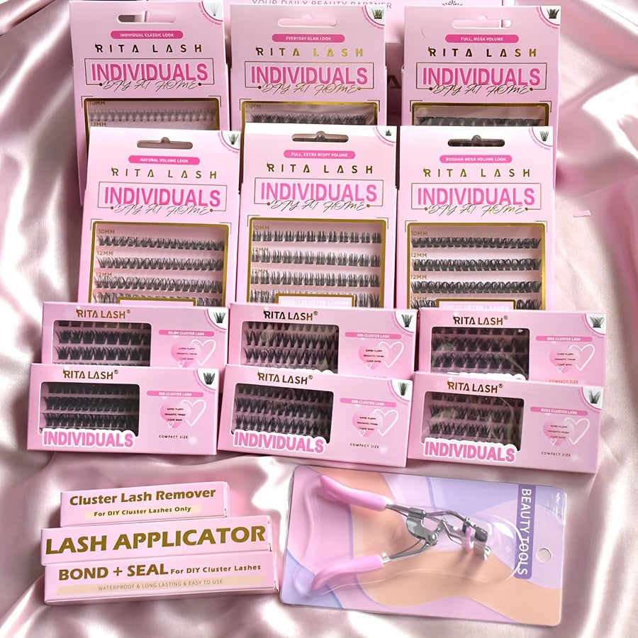 High Qulity Rita Individual False Eyelashes Extension Kit Curl Wispy Style, 12 Box Lashes with Glue&Bond Seal&Remover&Curler, Individual Lashes Makeup Kit