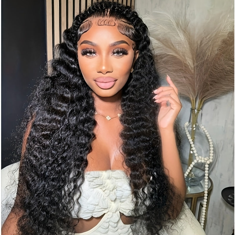Glueless Deep Wave 4x4 HD Lace Closure Wig 280% Density Pre Plucked Pre Cut Lace Human Hair Deep Curly Lace Front Wig No Glue 3 Seconds to Wear Soft Comfortable And Breathable Transparent Lace Front Wig Bye Bye Knots Beginner