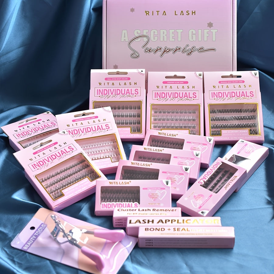 High Qulity Rita Individual False Eyelashes Extension Kit Curl Wispy Style, 12 Box Lashes with Glue&Bond Seal&Remover&Curler, Individual Lashes Makeup Kit