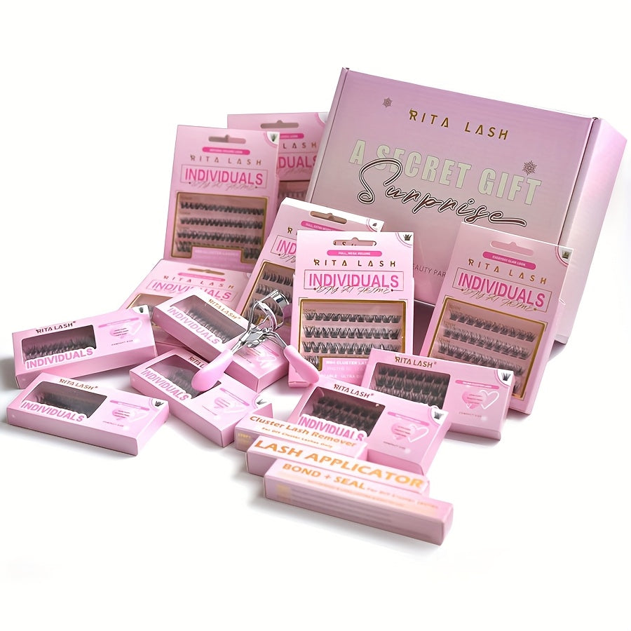 High Qulity Rita Individual False Eyelashes Extension Kit Curl Wispy Style, 12 Box Lashes with Glue&Bond Seal&Remover&Curler, Individual Lashes Makeup Kit