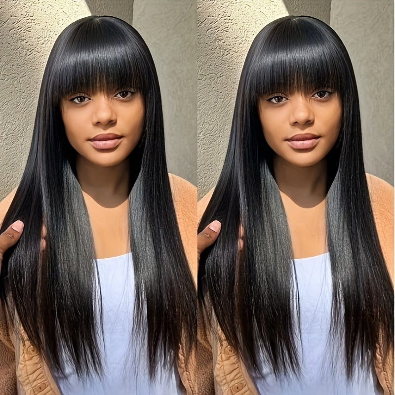 280% Density Glueless Human Hair Straight Wigs Sliky Straight Human Hair Wigs with Bangs None Lace Front Wigs Unprocessed Virgin Soft Human Hair Wigs No Glue Needed Lightweight Full Machine Made Wig Easy to Wear Natural Look