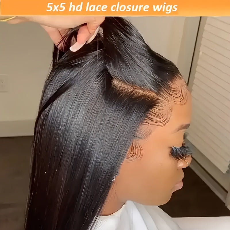 5x5 HD Lace Put On And Go Glueless Closure Wigs Human Hair Straight Human Hair Pre Plucked Pre Cut No Glue 3 Seconds To Wear Glueless Wig Transparent Lace Front Wigs Human Hair 250% Density