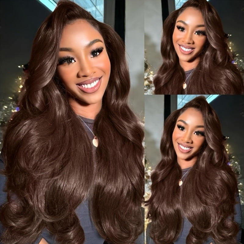 280% 13x4 #2 Body Wave Human Hair Wig HD Lace Dark Brown Body Wave Lace Frontal Wig Transparent Swiss Lace Colored Lace Front Wig Human Hair Wigs Chocolate Brown Body Wave Wig With Natural Hairline Three Part Body Wave Lace F