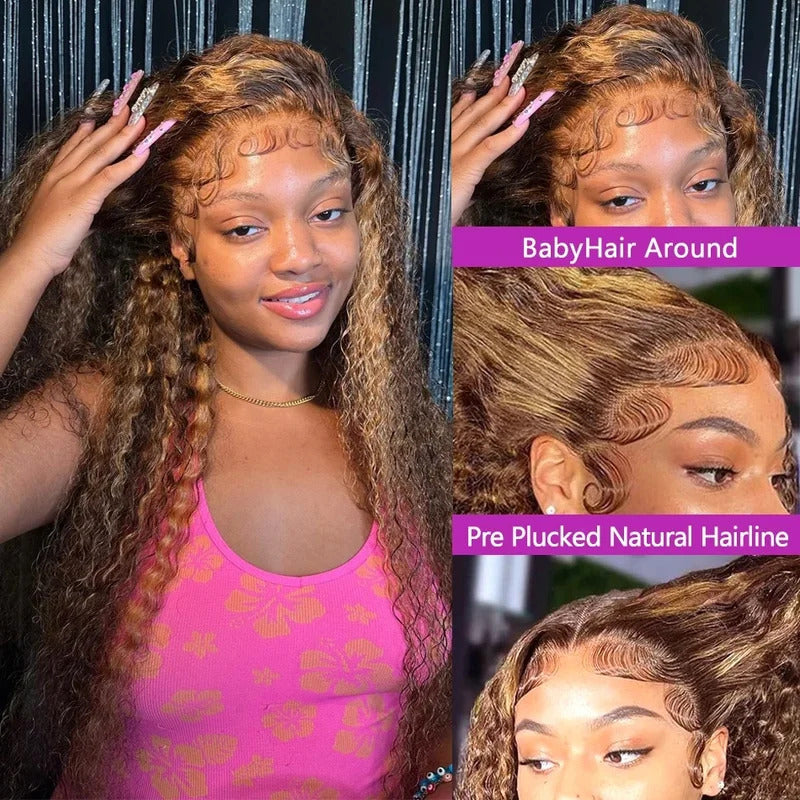 200 Density Glueless Ombre Highlight Wig Human Hair Curly Loose Deep Wave Lace Frontal Wig 4/27 Colored Brazilian 13x4 Lace Front Wigs for Women