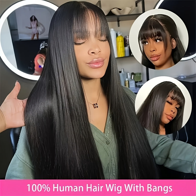 280% Density Glueless Human Hair Straight Wigs Sliky Straight Human Hair Wigs with Bangs None Lace Front Wigs Unprocessed Virgin Soft Human Hair Wigs No Glue Needed Lightweight Full Machine Made Wig Easy to Wear Natural Look
