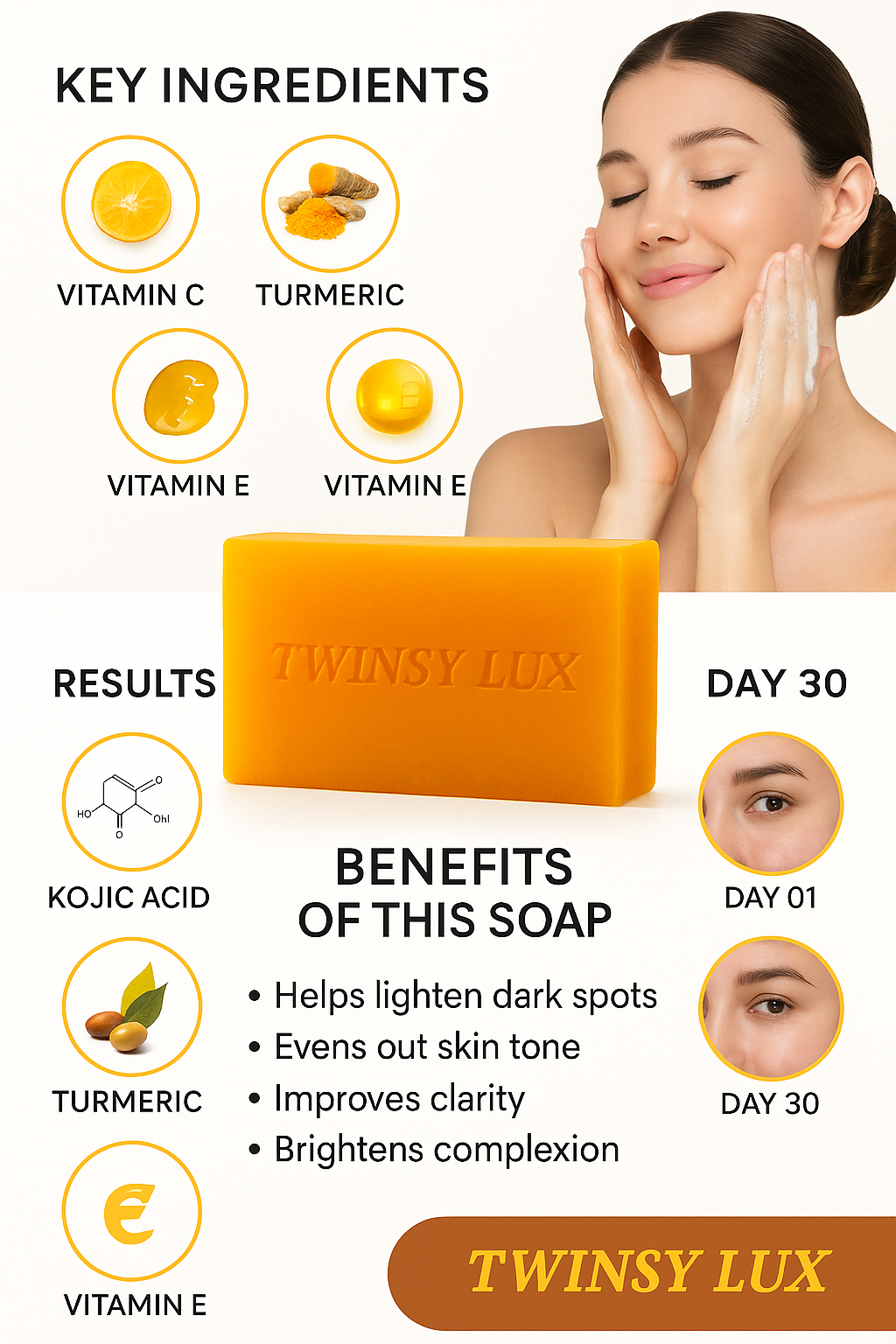 Twinsy Lux Best Tumeric Kojic Acid Soap For Dark Spots Remover For All Skin Type (2 pk)