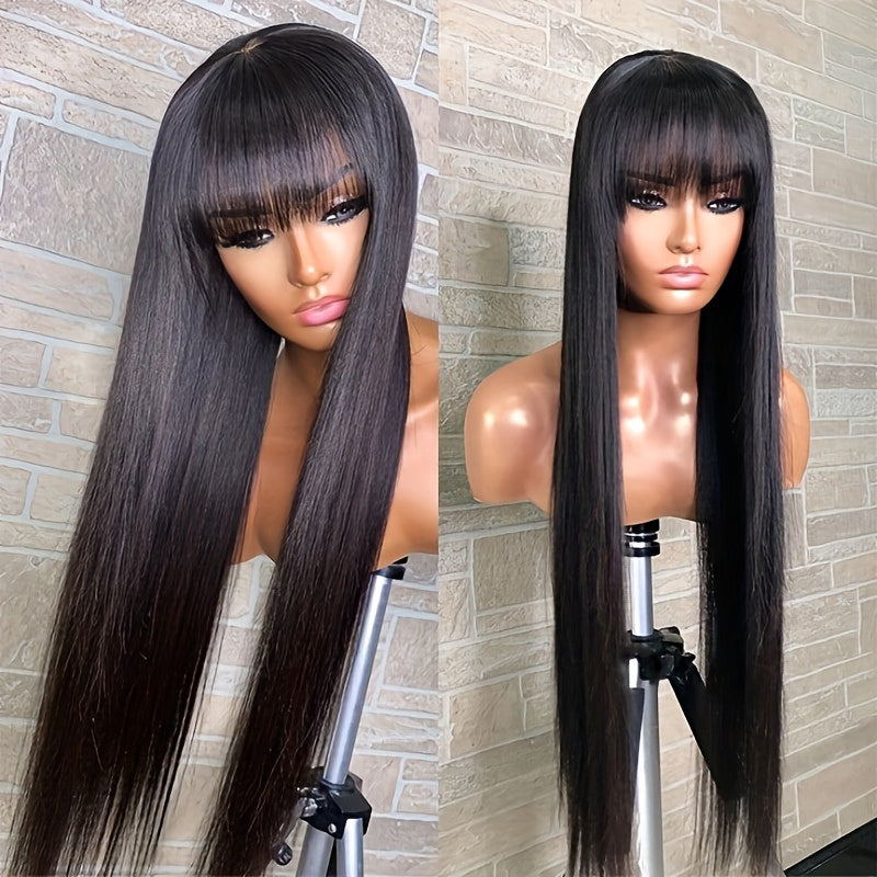 280% Density Glueless Human Hair Straight Wigs Sliky Straight Human Hair Wigs with Bangs None Lace Front Wigs Unprocessed Virgin Soft Human Hair Wigs No Glue Needed Lightweight Full Machine Made Wig Easy to Wear Natural Look