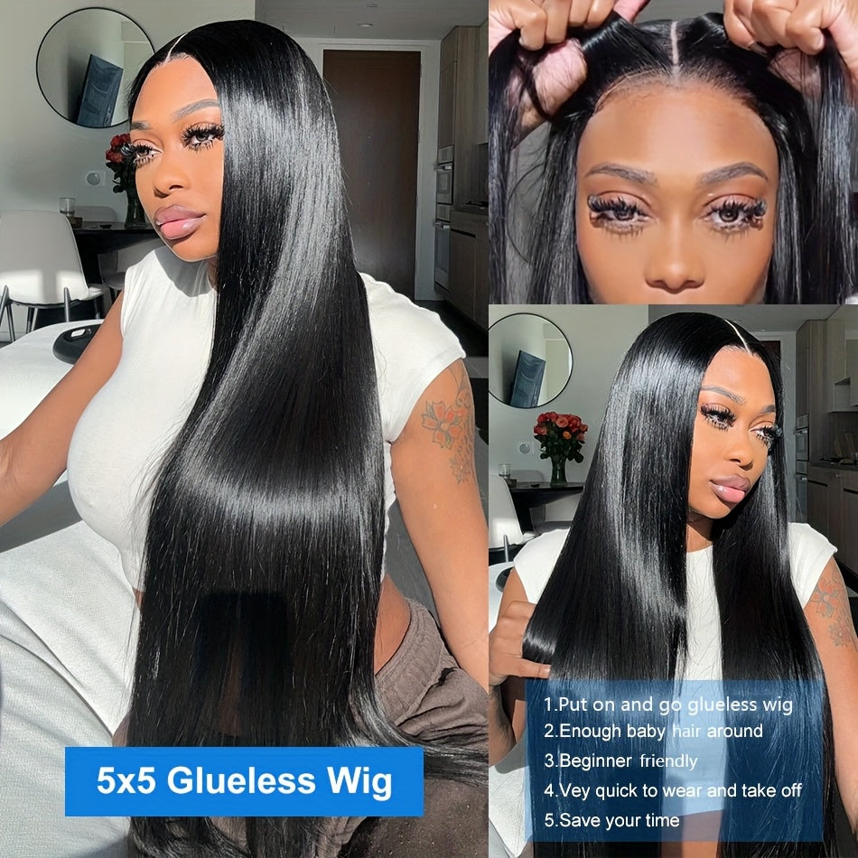 5x5 HD Lace Put On And Go Glueless Closure Wigs Human Hair Straight Human Hair Pre Plucked Pre Cut No Glue 3 Seconds To Wear Glueless Wig Transparent Lace Front Wigs Human Hair 250% Density