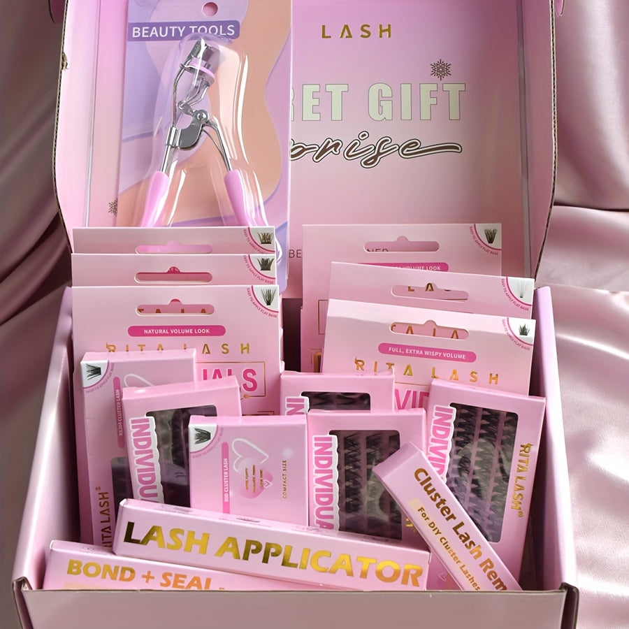 High Qulity Rita Individual False Eyelashes Extension Kit Curl Wispy Style, 12 Box Lashes with Glue&Bond Seal&Remover&Curler, Individual Lashes Makeup Kit
