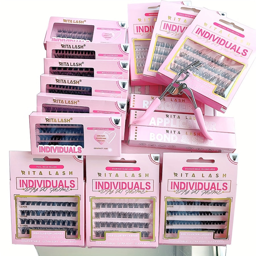 High Qulity Rita Individual False Eyelashes Extension Kit Curl Wispy Style, 12 Box Lashes with Glue&Bond Seal&Remover&Curler, Individual Lashes Makeup Kit