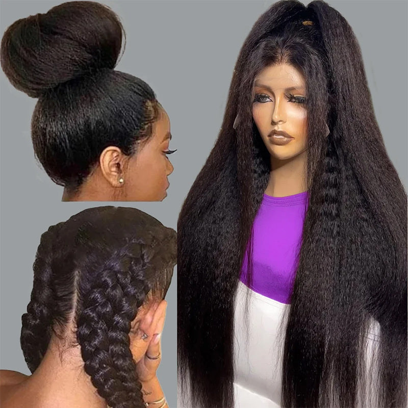 13x4 HD Lace Front Wigs - 38-40 Inch Kinky Straight Human Hair Wigs 250 Density Pre Plucked 12A Frontal Wigs for Women Black