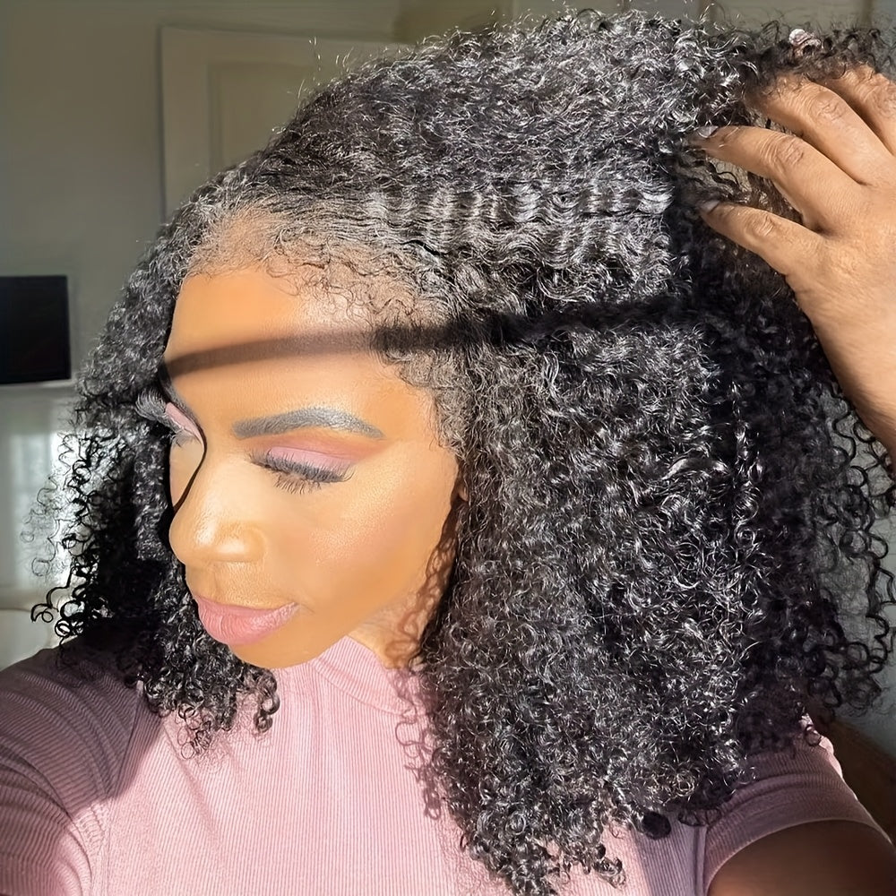 250% 4C Edges Kinky Curly Human Hair Wigs Short Kinky Curly Bob Wig 13X4 HD Lace Front Wig With Curly Baby Hair Pre Bleached Pre Plucked Premium Afro Kinky Curly Human Hair Natural Realistic Scalp Zero Stress Wear Larger Brea