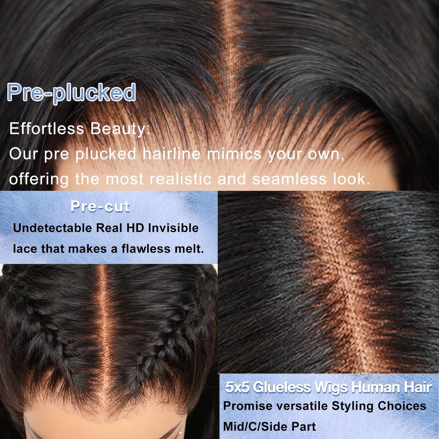 5x5 HD Lace Put On And Go Glueless Closure Wigs Human Hair Straight Human Hair Pre Plucked Pre Cut No Glue 3 Seconds To Wear Glueless Wig Transparent Lace Front Wigs Human Hair 250% Density