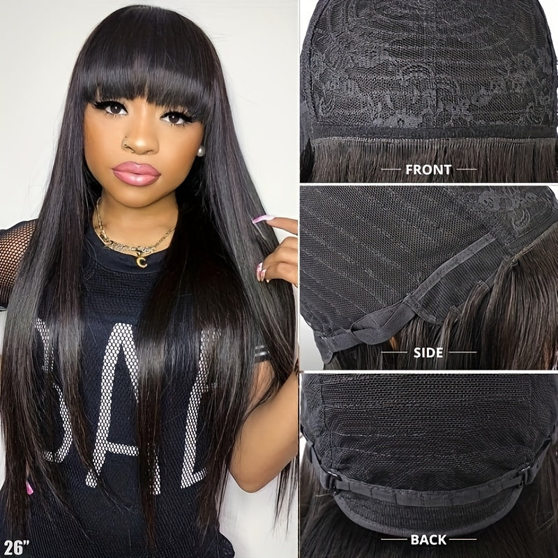 280% Density Glueless Human Hair Straight Wigs Sliky Straight Human Hair Wigs with Bangs None Lace Front Wigs Unprocessed Virgin Soft Human Hair Wigs No Glue Needed Lightweight Full Machine Made Wig Easy to Wear Natural Look