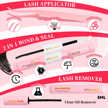 DIY Individual Eyelash Kit, 1 Box Mixed Length & Styles Natural Look Eyelashes Extension, 5pcs Self Cluster Curl Eyelashes,2pcs Bond&Seal, 2pcs Lash removers, 2pcs tweezers, 2pcs lash brush, Make up Kit