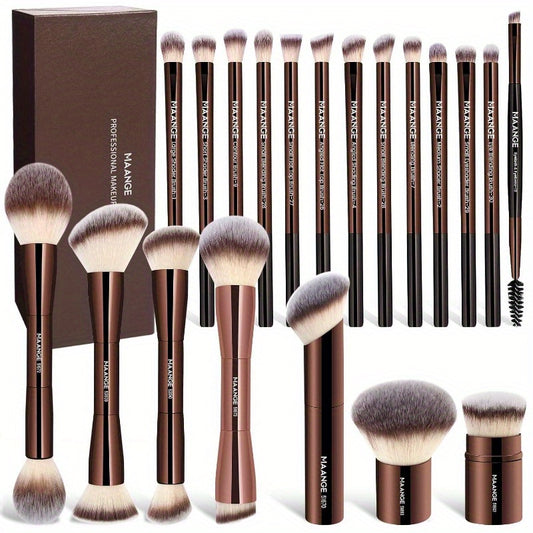 20pcs Makeup Brushes with Gift Box, DoubleEnd Multifunctional Makeup Brushes for Blending Liquid Powder Conaler Cream Blush Buffe, CoffeeBrown