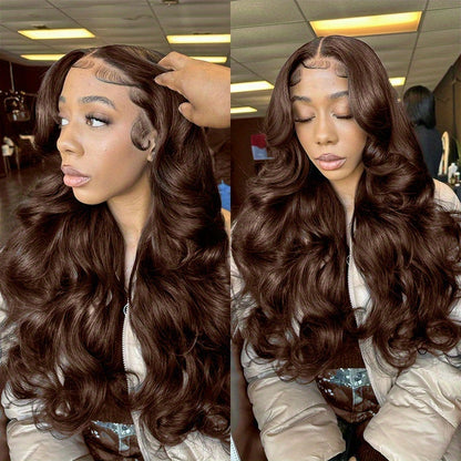280% 13x4 #2 Body Wave Human Hair Wig HD Lace Dark Brown Body Wave Lace Frontal Wig Transparent Swiss Lace Colored Lace Front Wig Human Hair Wigs Chocolate Brown Body Wave Wig With Natural Hairline Three Part Body Wave Lace F