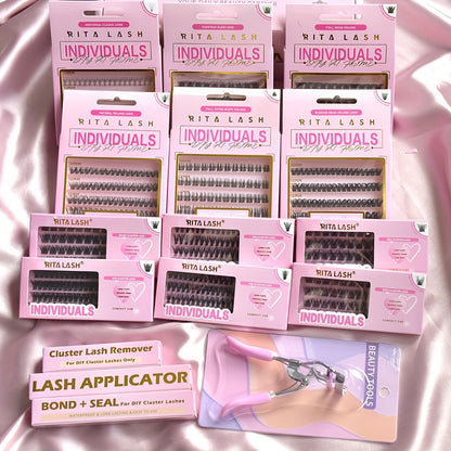 High Qulity Rita Individual False Eyelashes Extension Kit Curl Wispy Style, 12 Box Lashes with Glue&Bond Seal&Remover&Curler, Individual Lashes Makeup Kit