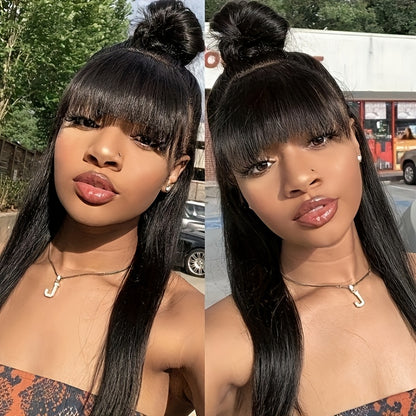 280% Density Glueless Human Hair Straight Wigs Sliky Straight Human Hair Wigs with Bangs None Lace Front Wigs Unprocessed Virgin Soft Human Hair Wigs No Glue Needed Lightweight Full Machine Made Wig Easy to Wear Natural Look