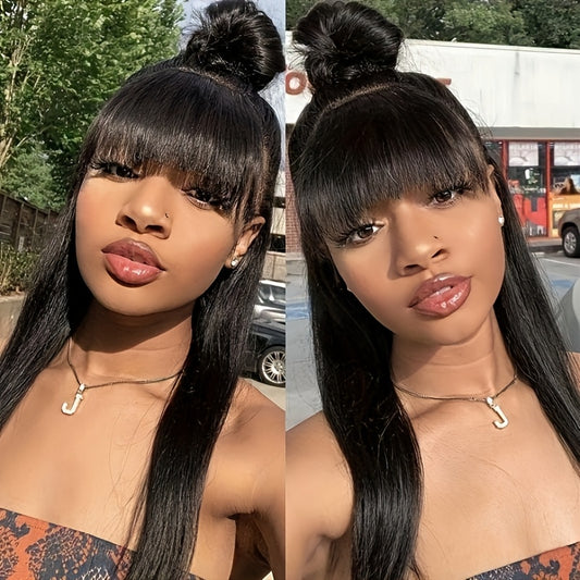 280% Density Glueless Human Hair Straight Wigs Sliky Straight Human Hair Wigs with Bangs None Lace Front Wigs Unprocessed Virgin Soft Human Hair Wigs No Glue Needed Lightweight Full Machine Made Wig Easy to Wear Natural Look