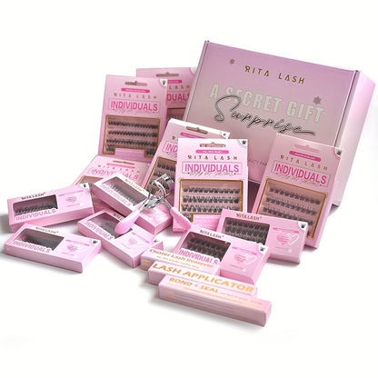 High Qulity Rita Individual False Eyelashes Extension Kit Curl Wispy Style, 12 Box Lashes with Glue&Bond Seal&Remover&Curler, Individual Lashes Makeup Kit
