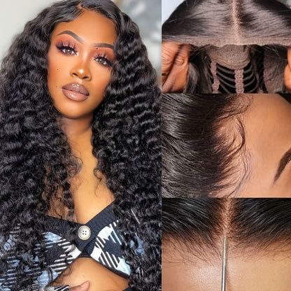 Glueless Deep Wave 4x4 HD Lace Closure Wig 280% Density Pre Plucked Pre Cut Lace Human Hair Deep Curly Lace Front Wig No Glue 3 Seconds to Wear Soft Comfortable And Breathable Transparent Lace Front Wig Bye Bye Knots Beginner