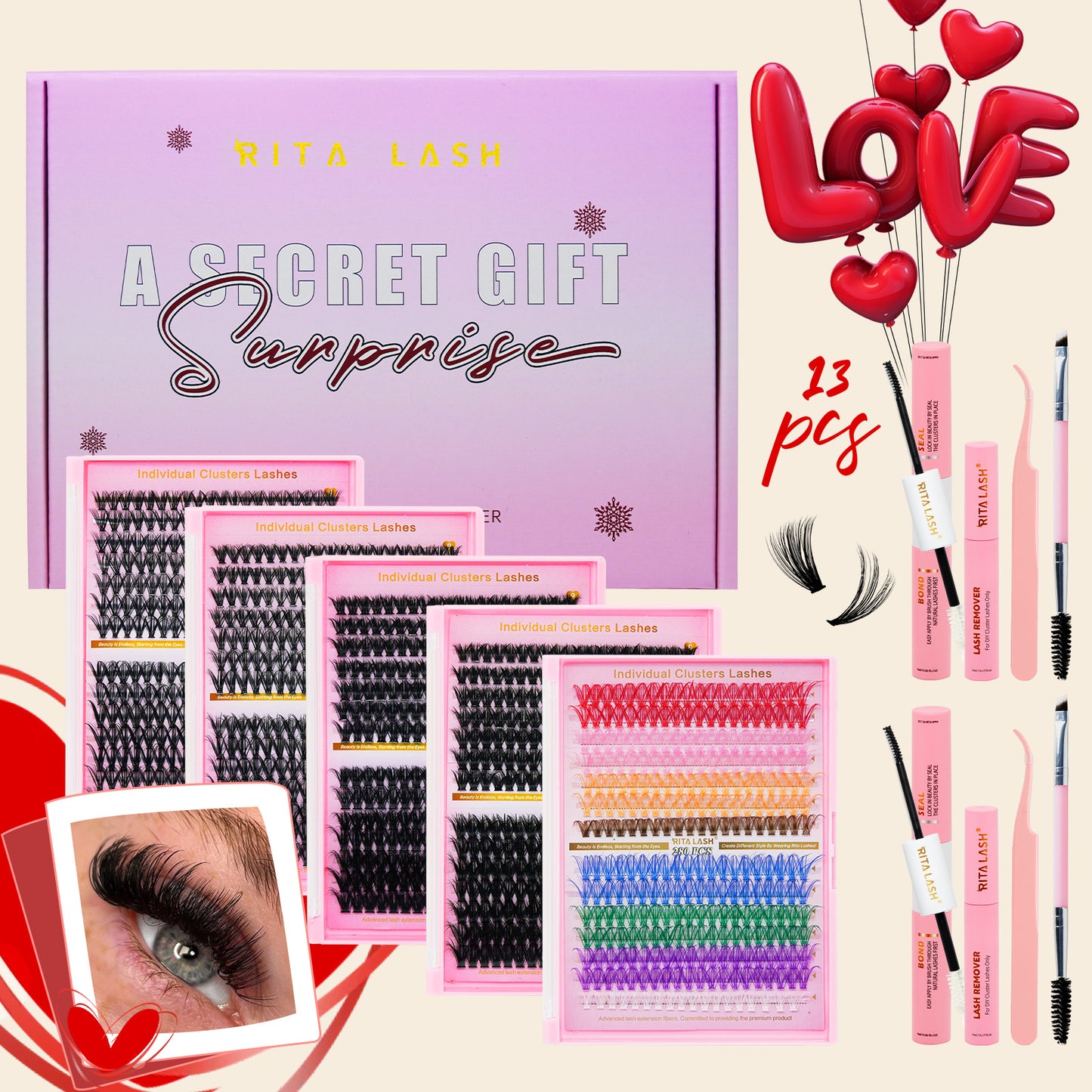 DIY Individual Eyelash Kit, 1 Box Mixed Length & Styles Natural Look Eyelashes Extension, 5pcs Self Cluster Curl Eyelashes,2pcs Bond&Seal, 2pcs Lash removers, 2pcs tweezers, 2pcs lash brush, Make up Kit