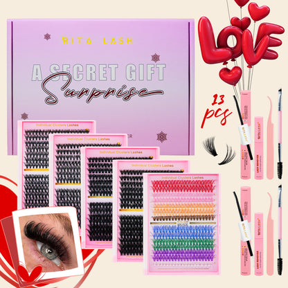 DIY Individual Eyelash Kit, 1 Box Mixed Length & Styles Natural Look Eyelashes Extension, 5pcs Self Cluster Curl Eyelashes,2pcs Bond&Seal, 2pcs Lash removers, 2pcs tweezers, 2pcs lash brush, Make up Kit