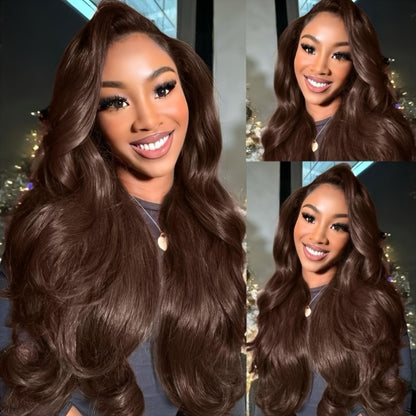 280% 13x4 #2 Body Wave Human Hair Wig HD Lace Dark Brown Body Wave Lace Frontal Wig Transparent Swiss Lace Colored Lace Front Wig Human Hair Wigs Chocolate Brown Body Wave Wig With Natural Hairline Three Part Body Wave Lace F