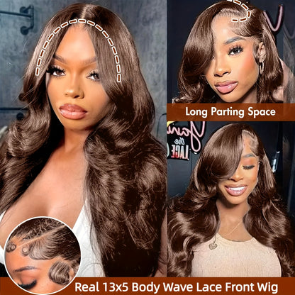 280% 13x4 #2 Body Wave Human Hair Wig HD Lace Dark Brown Body Wave Lace Frontal Wig Transparent Swiss Lace Colored Lace Front Wig Human Hair Wigs Chocolate Brown Body Wave Wig With Natural Hairline Three Part Body Wave Lace F