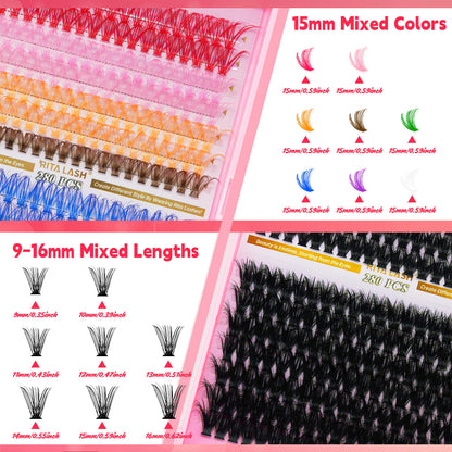 DIY Individual Eyelash Kit, 1 Box Mixed Length & Styles Natural Look Eyelashes Extension, 5pcs Self Cluster Curl Eyelashes,2pcs Bond&Seal, 2pcs Lash removers, 2pcs tweezers, 2pcs lash brush, Make up Kit