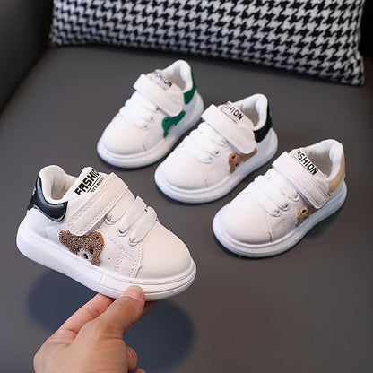Youngsters' Breathable Soft Sole Casual Sports Shoes with Cute Bear Embroidery, Comfortable Rubber Sole for Boys and Girls - Spring/Autumn, Everyday Youngsters's Shoes | Hook-and-loop Fastener Youngsters Shoes | Synthetic Sho