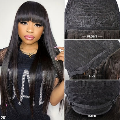 280% Density Glueless Human Hair Straight Wigs Sliky Straight Human Hair Wigs with Bangs None Lace Front Wigs Unprocessed Virgin Soft Human Hair Wigs No Glue Needed Lightweight Full Machine Made Wig Easy to Wear Natural Look